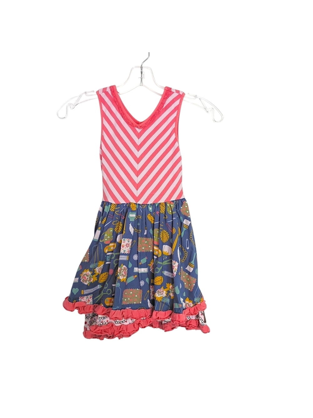 Matilda Jane -Girls Pink Chevron Bodice Blue Printed Ruffle Hem Dress - Sz 6